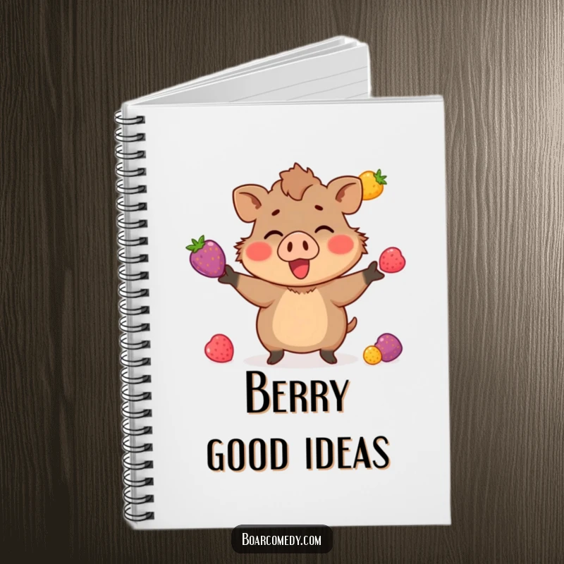 Funny notebook cover with a small boar character enthusiastically juggling three brightly colored berries, ready for your skillful notes.