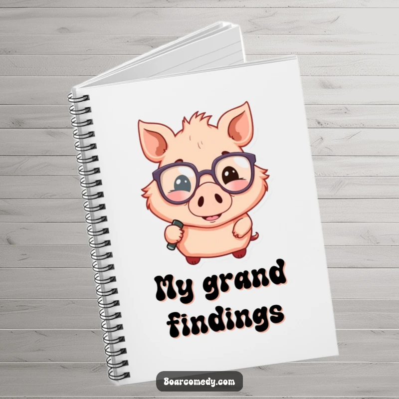 Funny notebook cover features a smiling boar wearing oversized glasses and holding a magnifying glass, ready for notes.