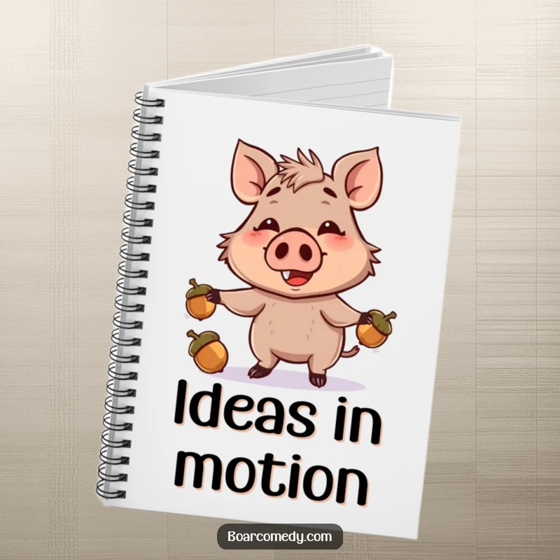 Funny notebook featuring a smiling boar character juggling acorns with its snout, perfect for jotting down notes with a whimsical touch.