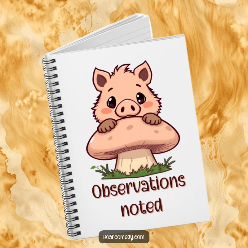 Funny notebook featuring a mischievous boar character peeking over a giant mushroom with wide eyes, ideal for jotting down curious thoughts.