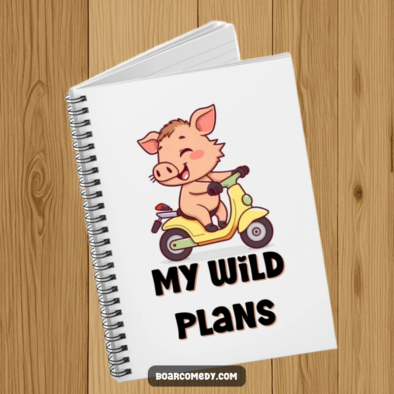 Funny cheerful little boar character wobbling precariously while attempting to ride a tiny scooter, on the cover of a handy notebook.
