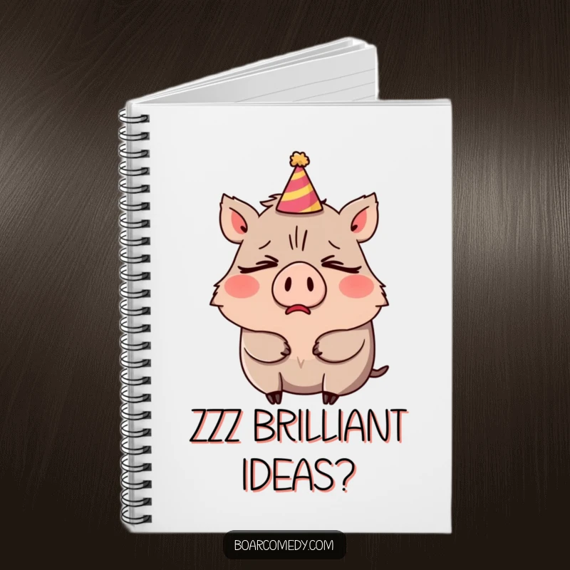 Funny notebook with a sleepy boar character comically yawning, its small party hat askew.