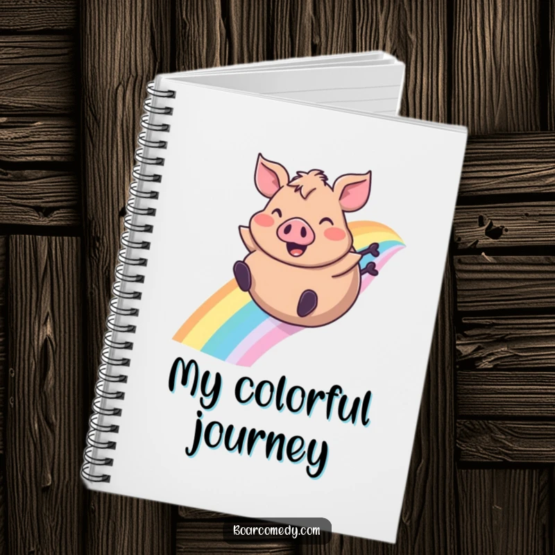 Funny notebook cover with a plump boar character joyfully sliding down a rainbow, ears flapping, inspiring creative thoughts.