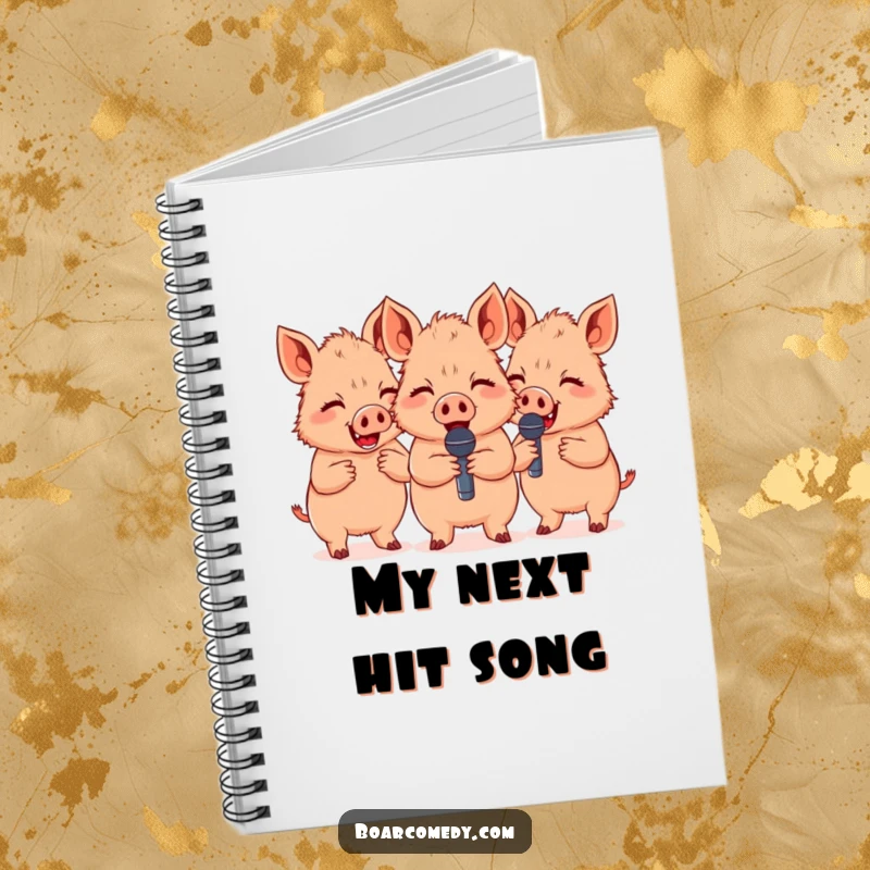 Funny cute boars giggling while holding tiny microphones, a cute and inspiring notebook cover for jotting down comedic genius.