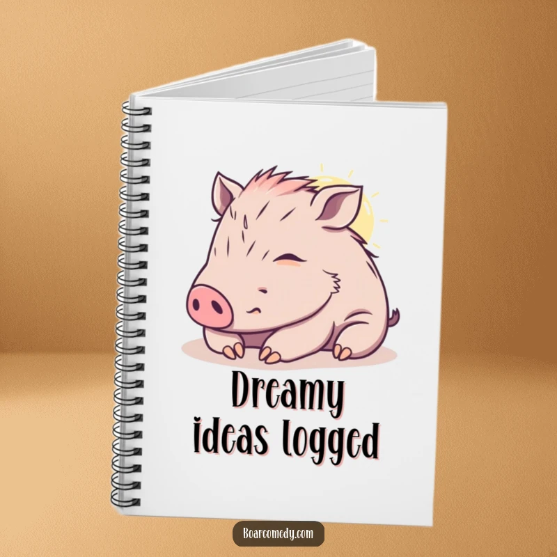 Funny kawaii boar notebook, showing a content boar napping in a sunbeam, perfect for capturing peaceful thoughts and ideas.
