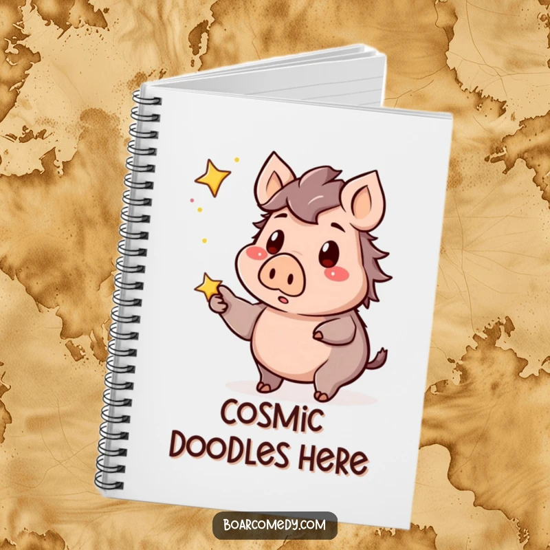 Funny kawaii boar notebook, showing a surprised boar pointing at a twinkling star, inspiring wonder and creative jotting.