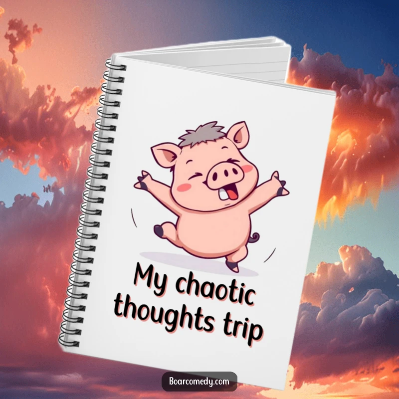Funny Kawaii Boar Notebook: A kawaii boar trips comically, arms flailing, making this journal uniquely amusing.