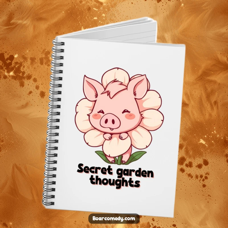 Funny Notebook: Shy boar peeking from behind a flower, with a bashful smile, perfect for your gentle notes.