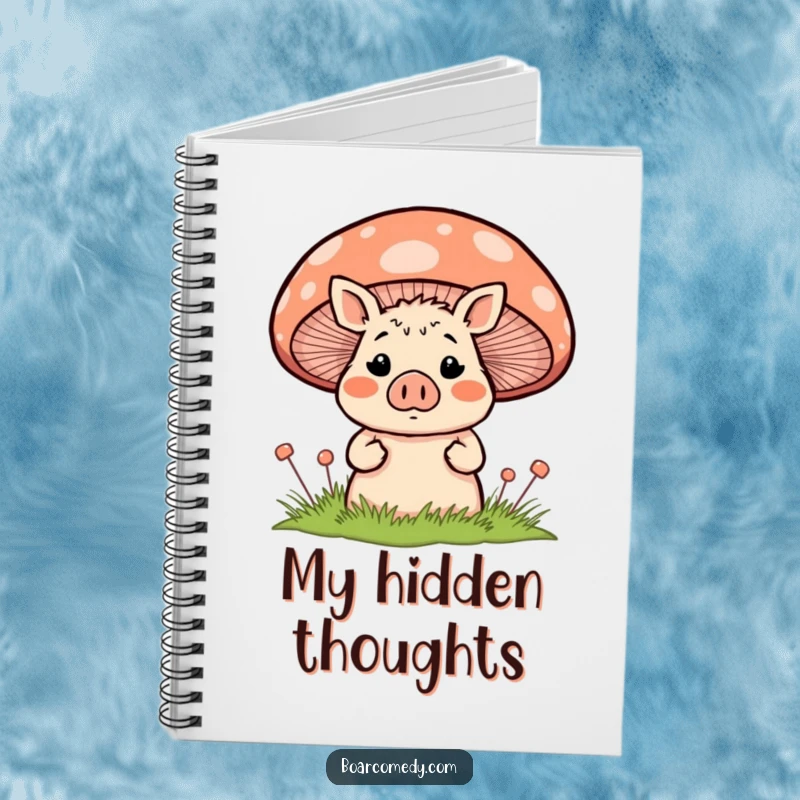 Funny blushing, surprised boar character peeking shyly from behind a large, colorful striped mushroom, on the cover of a handy notebook.
