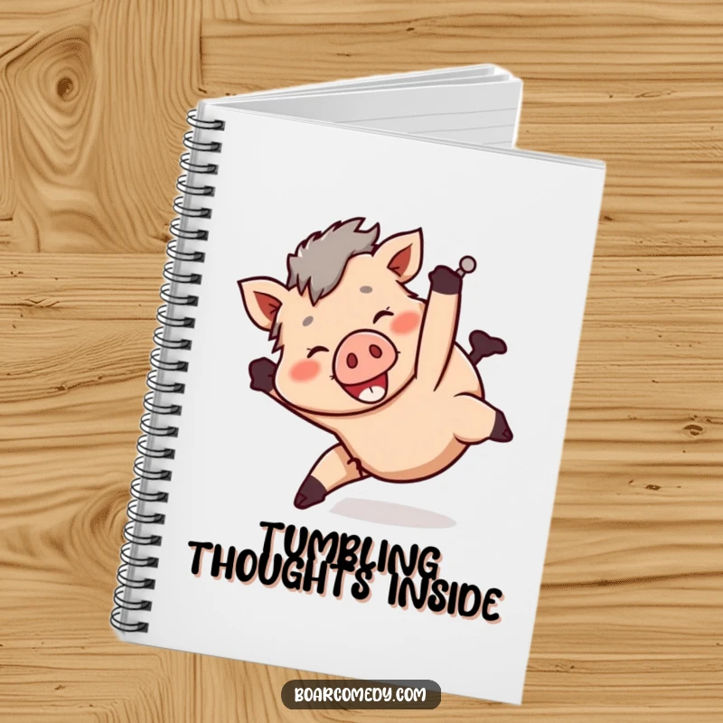 Funny smiling boar character tumbling head over heels in a playful manner, on the cover of a notebook.