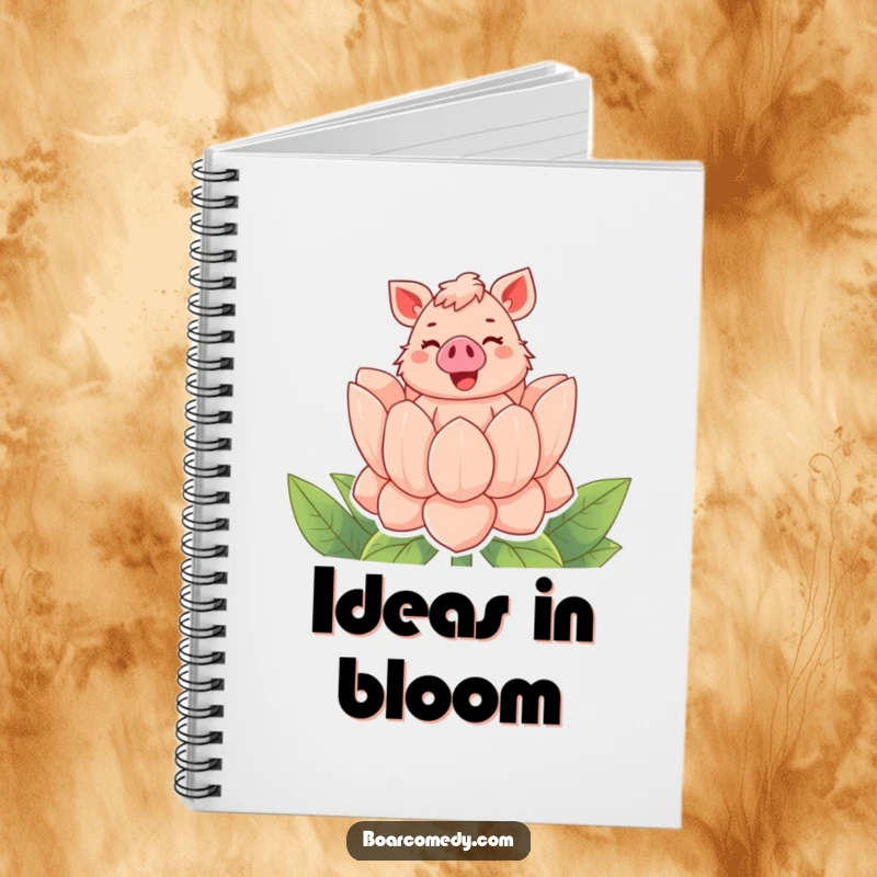 Funny notebook cover featuring a bubbly boar character popping out of a giant flower with a cheerful squeal, inspiring joyful notes.