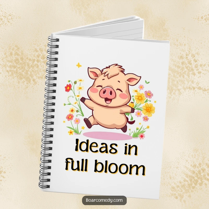 Funny Bouncing Boar Notebook, featuring a joyful pig surrounded by wildflowers, perfect for your notes. An inspiring funny gift.