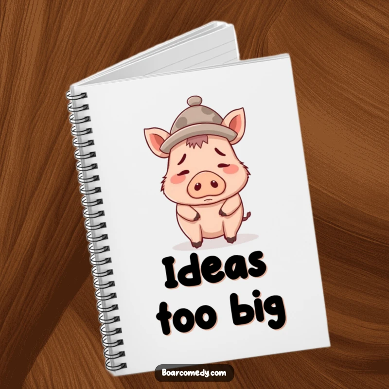 Funny notebook cover featuring a confused boar character wearing a comically oversized tiny hat, inspiring creative writing.