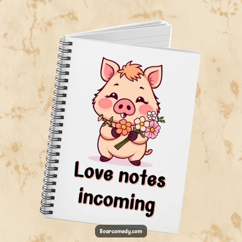 Funny notebook with a blushing boar character offering flowers, ideal for journaling sweet thoughts and a perfect funny gift for writers.