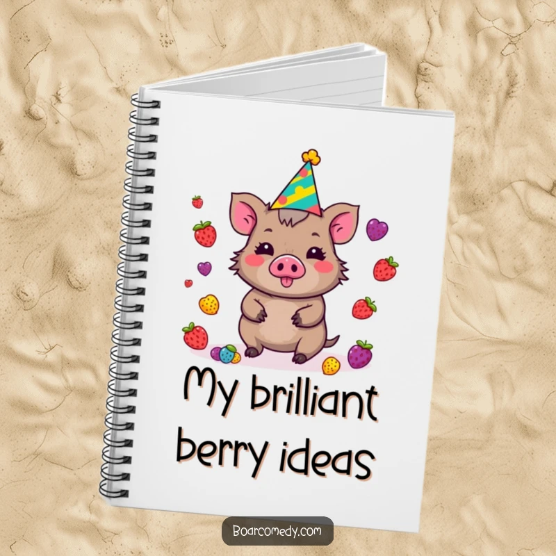 Funny Kawaii Boar Notebook with a party hat, juggling a delightful mix of berries, capturing zest for life and organization.