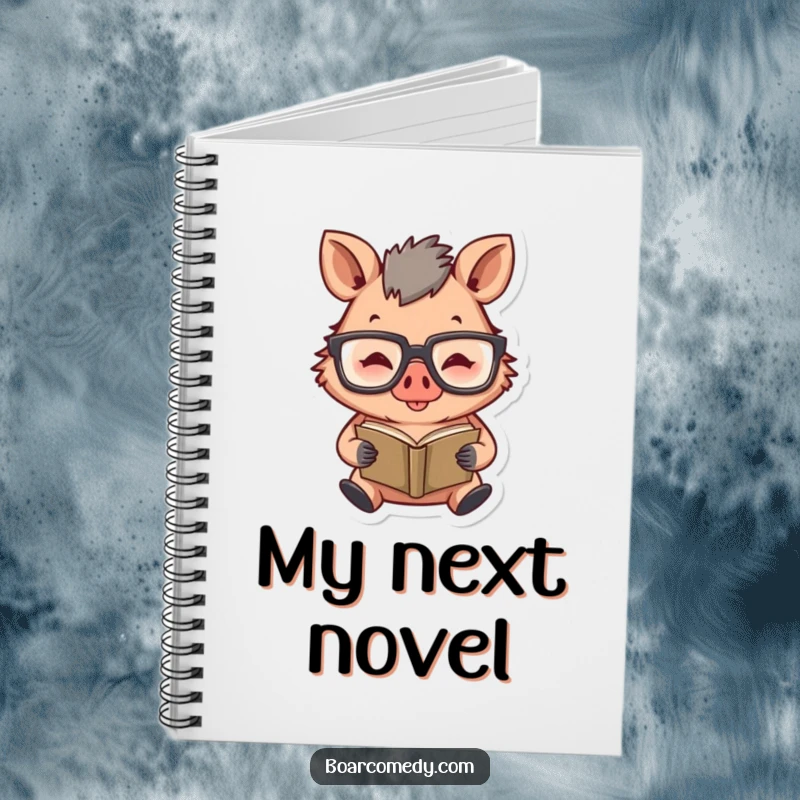 Funny notebook with a happy boar character wearing oversized glasses, intently reading a very tiny book.