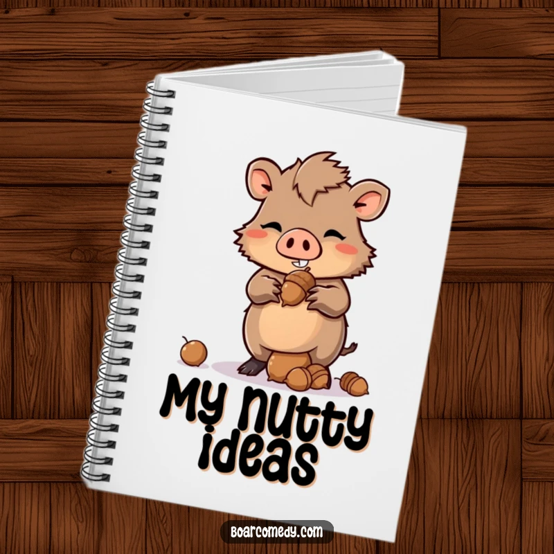 Funny Kawaii Boar Notebook with a mischievous grin, balancing acorns, perfect for jotting down witty ideas.