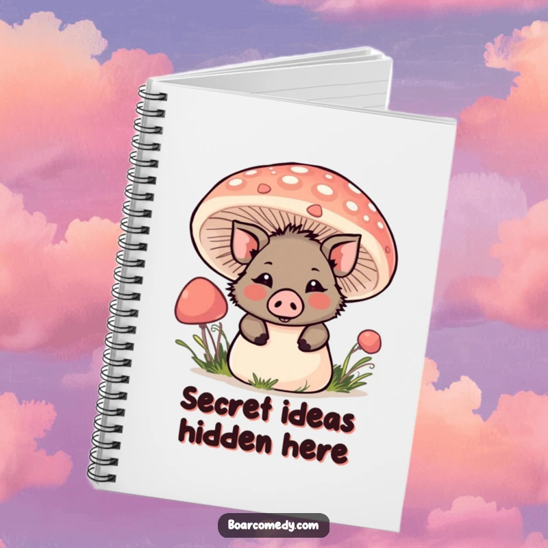 Funny Kawaii Boar Notebook: A kawaii boar peeks playfully from behind a mushroom, making this journal uniquely charming.