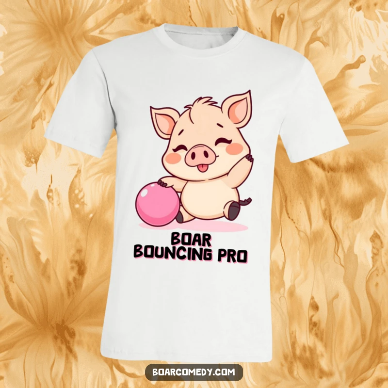 Funny Kawaii boar t-shirt, a tiny boar energetically bouncing a pink ball with pure happiness.