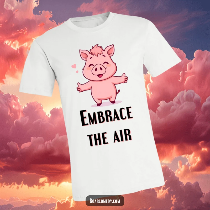 Funny T-Shirt: Pink boar character with arms outstretched, ready for a warm hug, radiating happiness and affection.