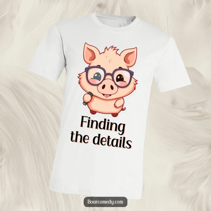Funny t-shirt design of a smiling boar wearing oversized glasses and holding a magnifying glass, looking observant.
