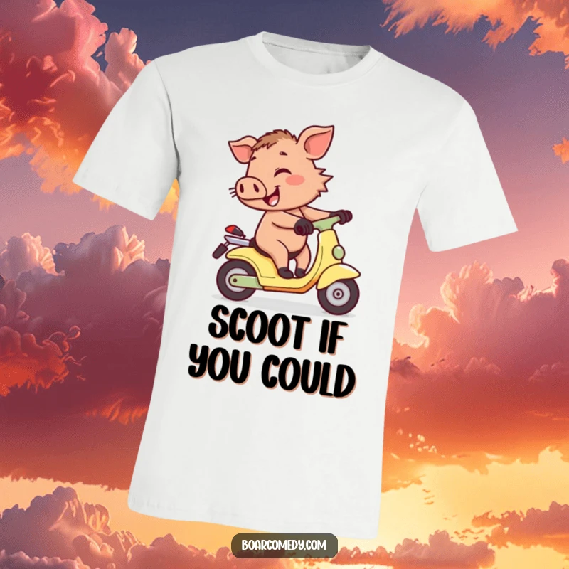 Funny cheerful little boar character wobbling precariously while attempting to ride a tiny scooter, featured on a comfortable graphic t-shirt.