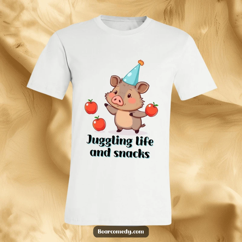 Funny T-Shirt: Adorable boar wearing a party hat, energetically juggling three apples with a gleeful expression.