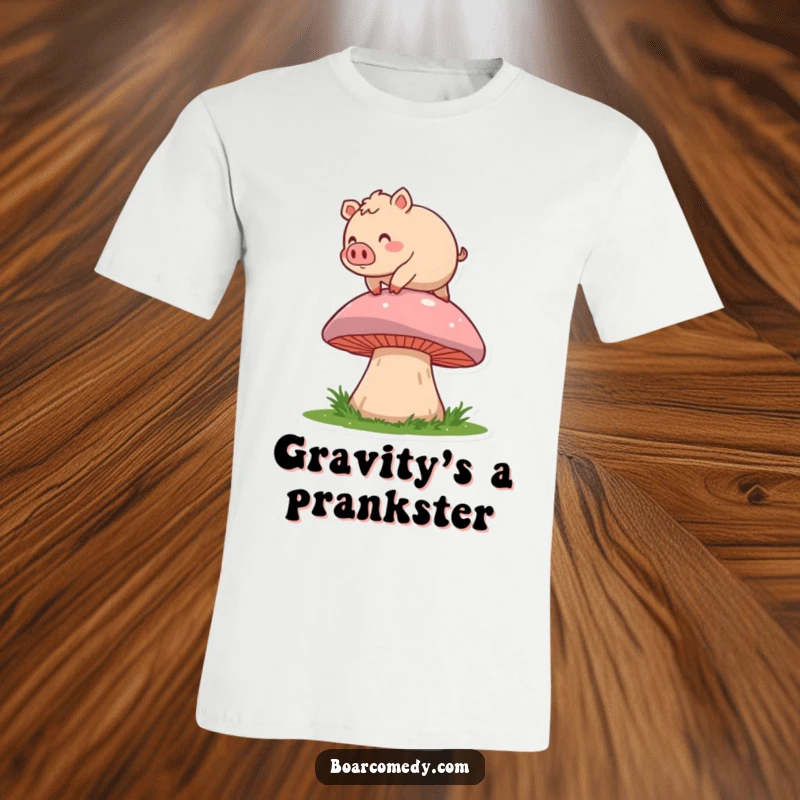 Funny t-shirt with a round, rosy boar character joyfully tripping over a giant mushroom, showcasing a moment of pure, clumsy delight.