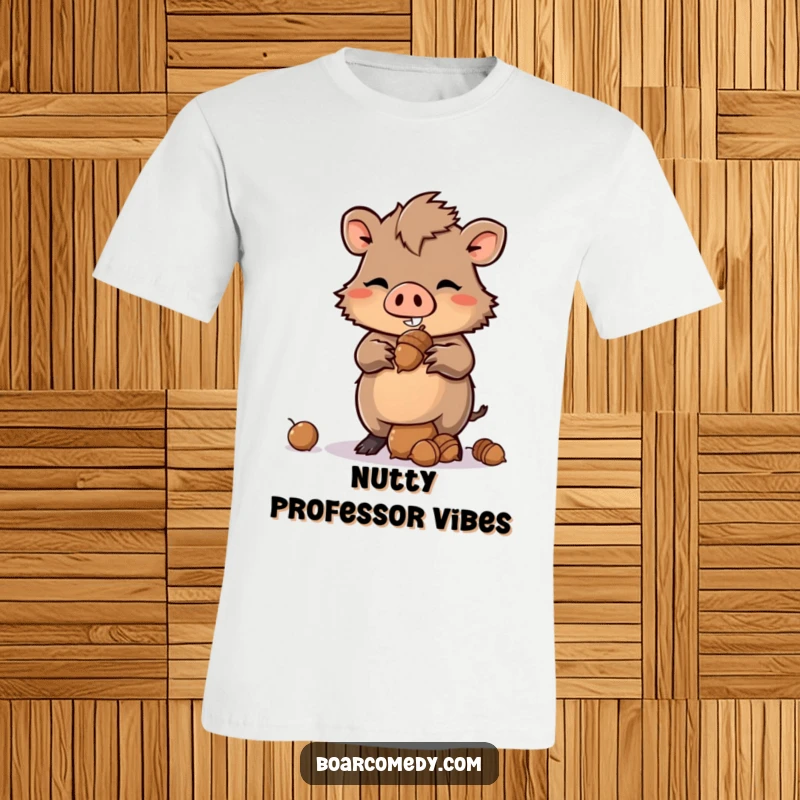 Funny Kawaii Boar T-Shirt with a mischievous grin, balancing a precarious stack of acorns, highlighting playful cleverness.