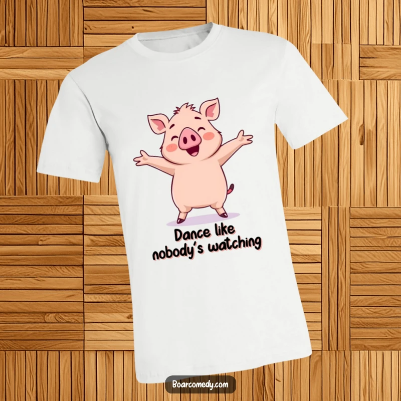 Funny Kawaii Boar T-Shirt: A cute, silly kawaii boar energetically dances with its arms outstretched in a happy, funny pose.