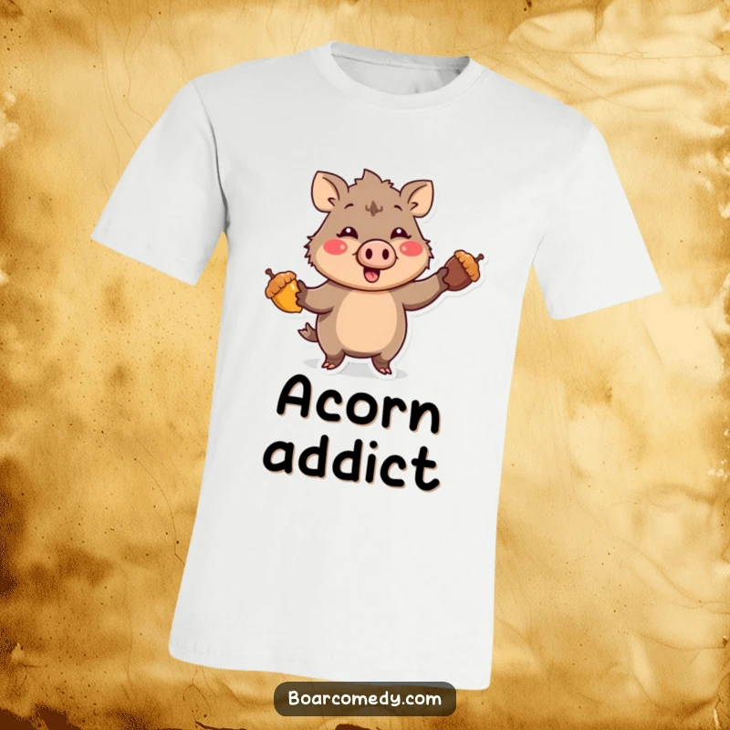 Funny Kawaii Boar character with a comical expression, enthusiastically juggling three bright acorns, featured on a soft graphic tee.