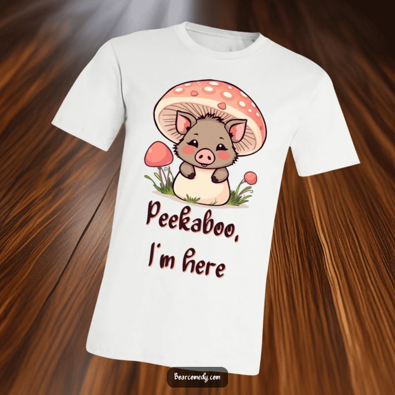 Funny Kawaii Boar T-Shirt: A charming kawaii boar is playfully peeking its head from behind a large, vibrant mushroom.