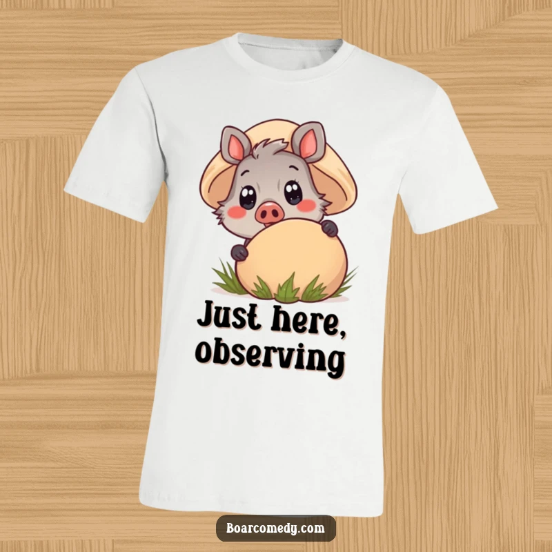 Funny Kawaii Boar T-Shirt with a cheerful expression, peeking from behind a prominent mushroom, eyes wide with innocent wonder.