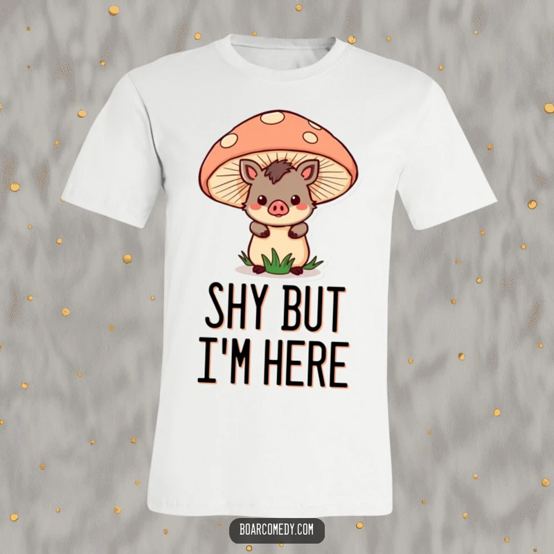 Funny T-Shirt: Adorable kawaii boar character peeking from behind a big, vibrant mushroom, conveying playful curiosity.