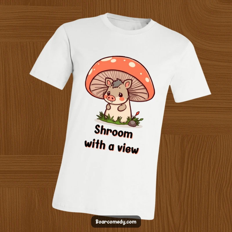 Funny kawaii boar peeking mischievously from behind a large, colorful mushroom on a soft t-shirt, radiating cuteness.