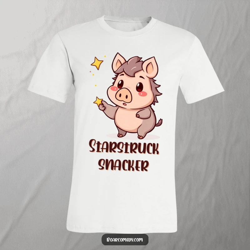 Funny kawaii boar t-shirt showing a boar with a startled, amazed expression pointing upwards at a bright, twinkling star.