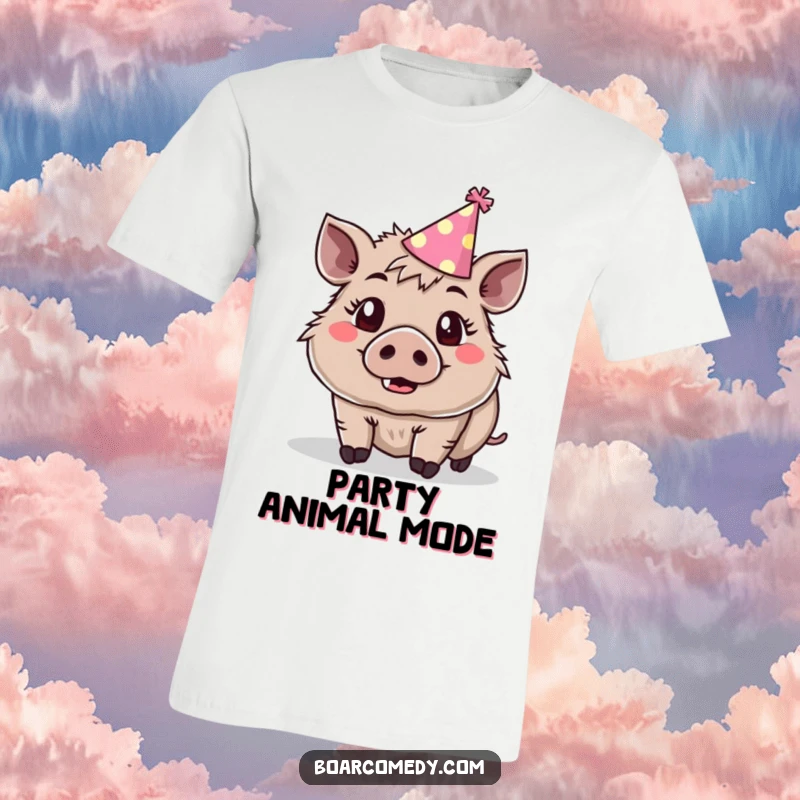 Funny cute boar wearing a tiny party hat, eyes wide with surprise and joy, on a t-shirt.