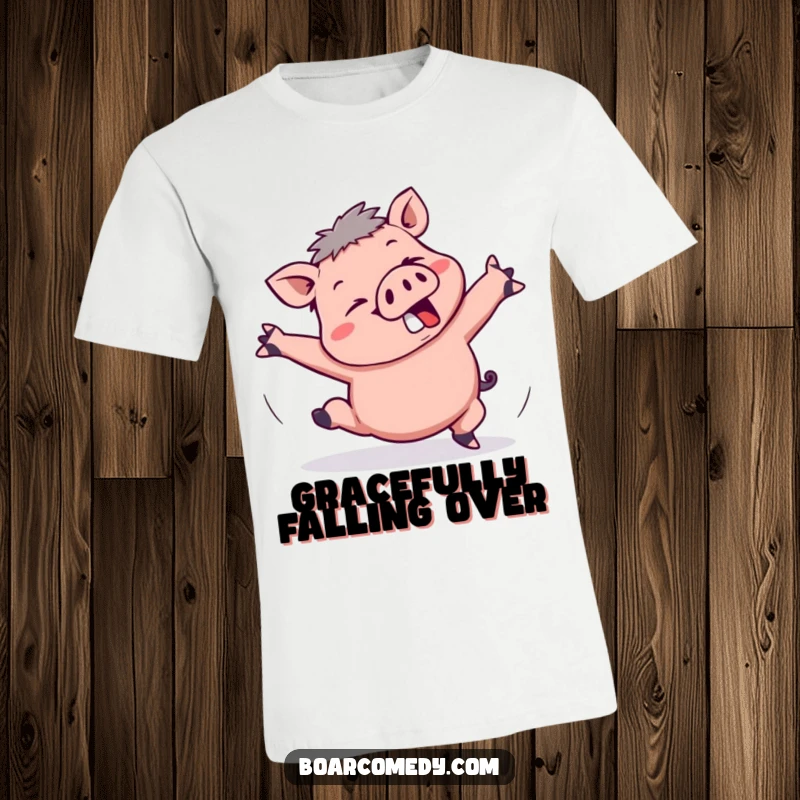 Funny Kawaii Boar T-Shirt: A cute kawaii boar is shown stumbling, arms flailing comically in a moment of hilarious disarray.