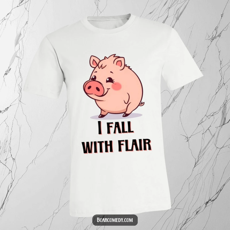 Funny T-Shirt: Small, round boar character with a funny expression, stumbling slightly, a humorous and relatable design.