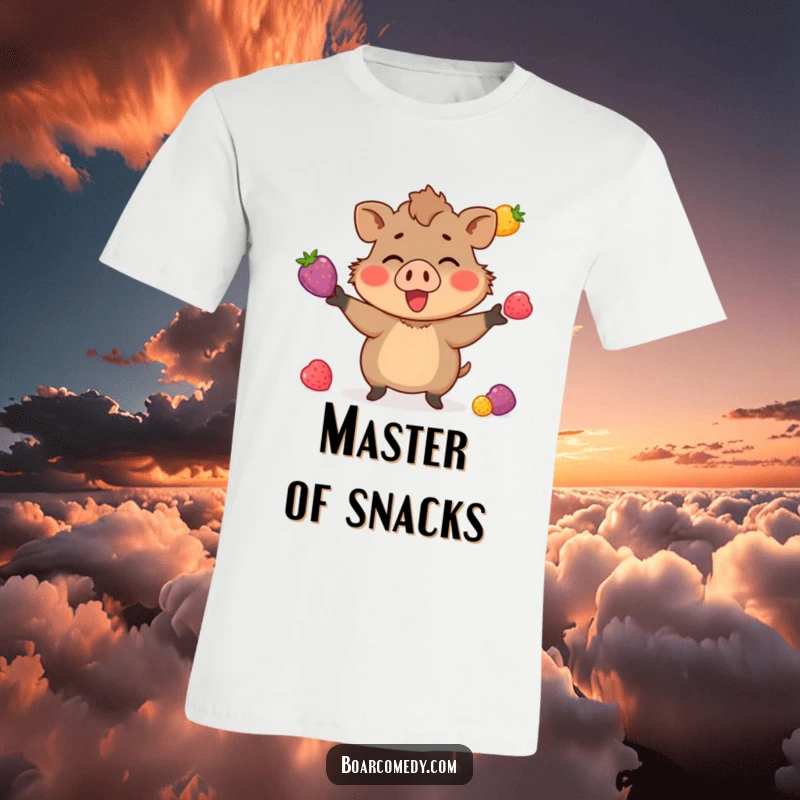 Funny t-shirt with a little boar character enthusiastically juggling three vibrant berries, showcasing impressive dexterity and a happy demeanor.