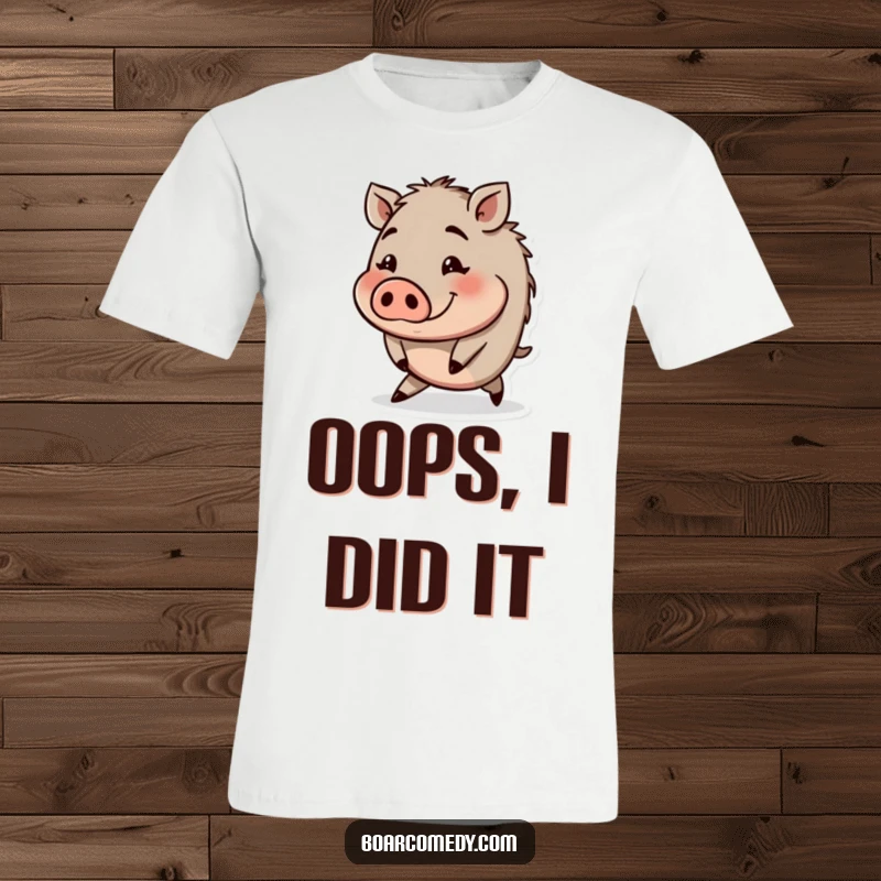Funny small round boar character with a funny expression trips slightly on a comfortable t-shirt.