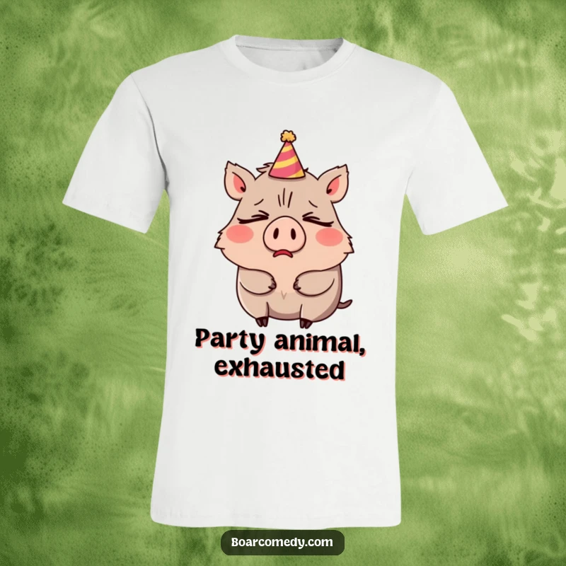 Funny t-shirt depicting a comical, wide yawn from a sleepy boar character, sporting a crooked party hat.