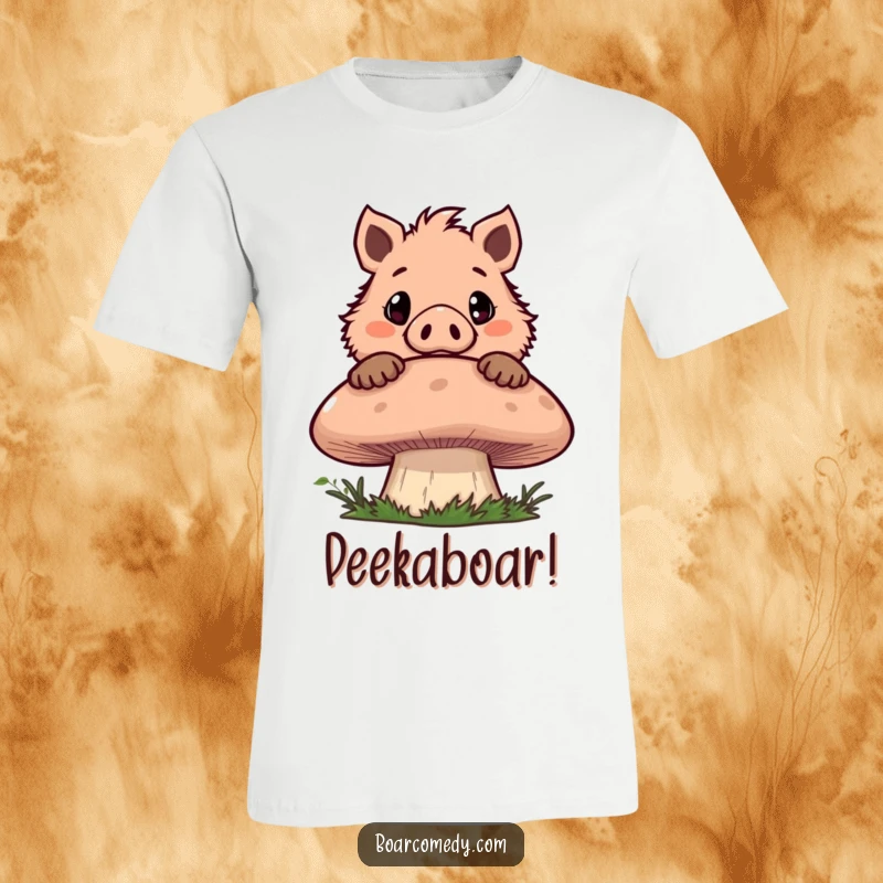 Funny t-shirt showcasing a mischievous boar character with wide eyes peeking over a large mushroom, hinting at playful secrets.