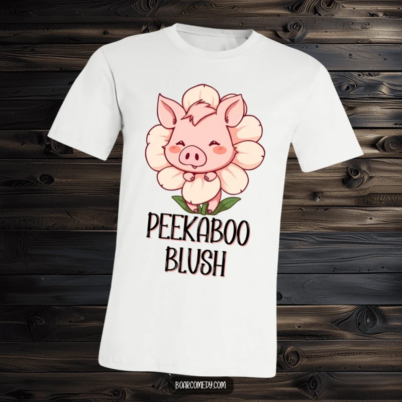 Funny T-Shirt: Blushing boar character shyly peeking from behind a large, animated flower, offering a sweet, bashful smile.