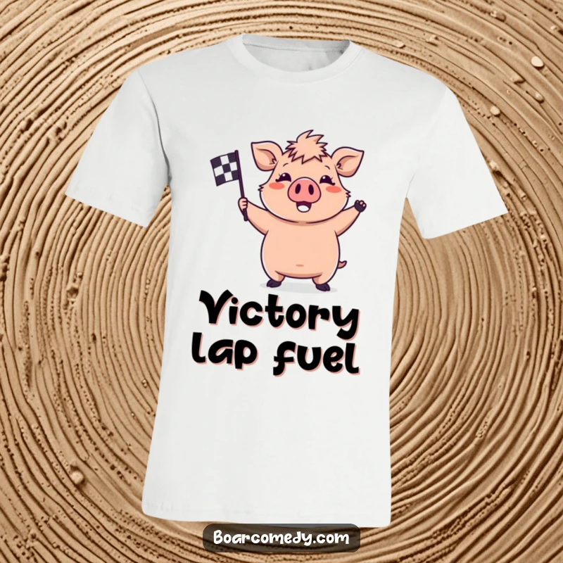 Funny kawaii boar t-shirt depicting a cheerful boar excitedly waving a little checkered flag, ready for the finish line.