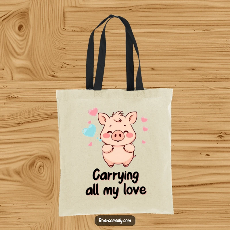 Funny chubby boar character blowing adorable heart-shaped bubbles, perfect for a stylish and humorous tote bag accessory.