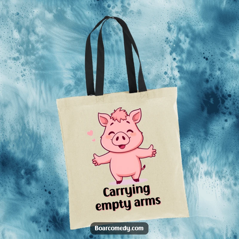 Funny Tote Bag: Pink boar character with outstretched arms, smiling and ready to embrace, carrying love and joy.