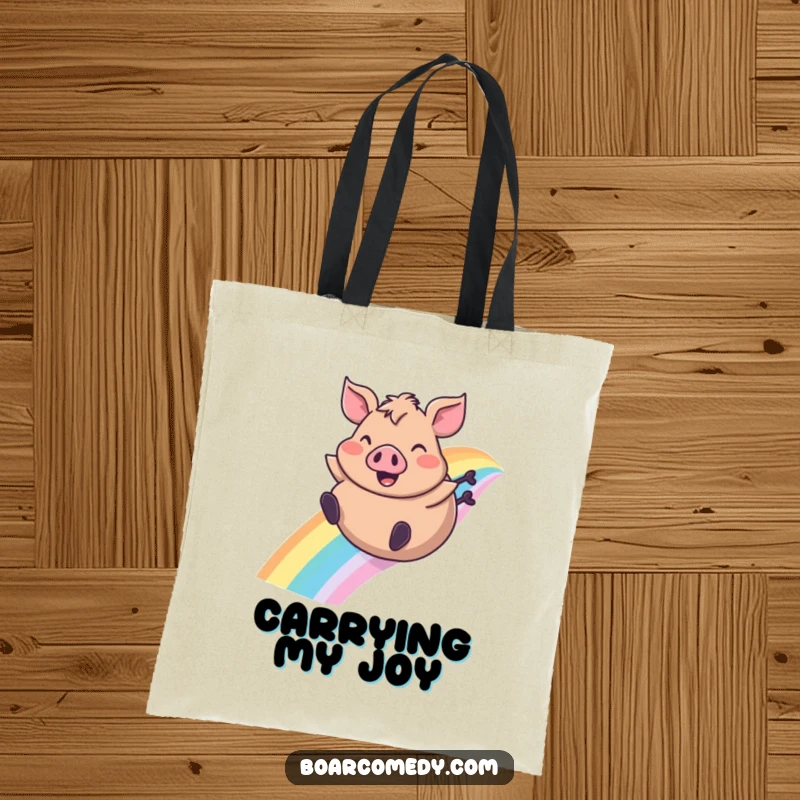 Funny tote bag featuring a plump boar character gleefully sliding down a rainbow, ears flapping, a delightful carry-all.