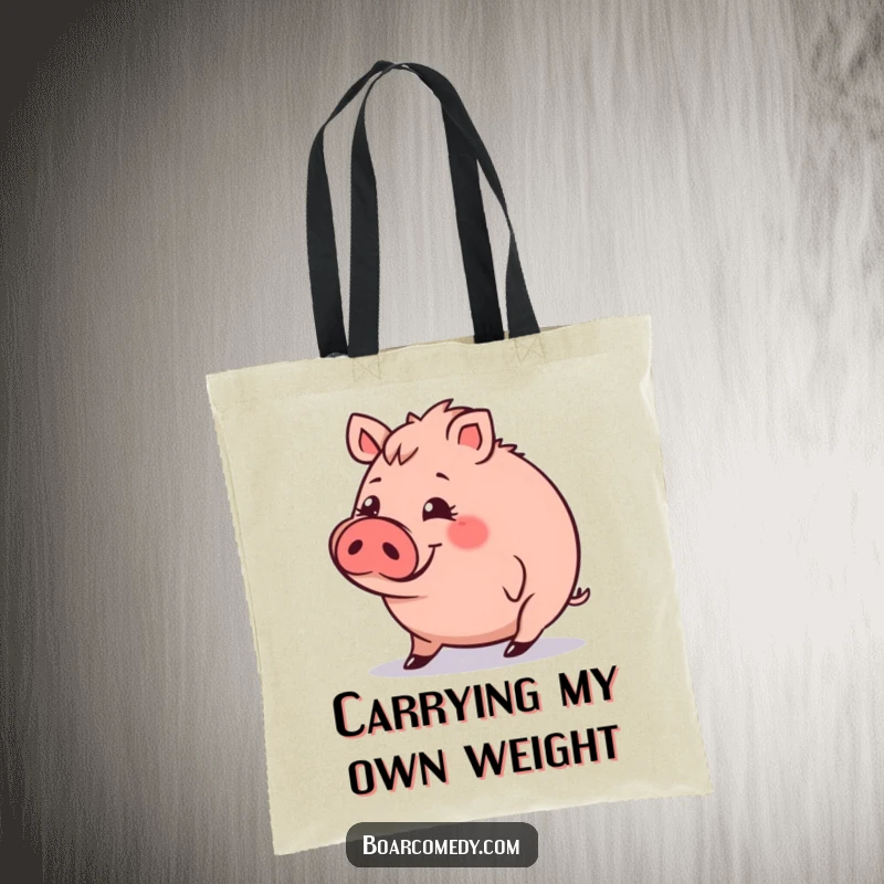 Funny Tote Bag: Small, round boar character with a funny expression, tripping slightly, a humorous and practical accessory.