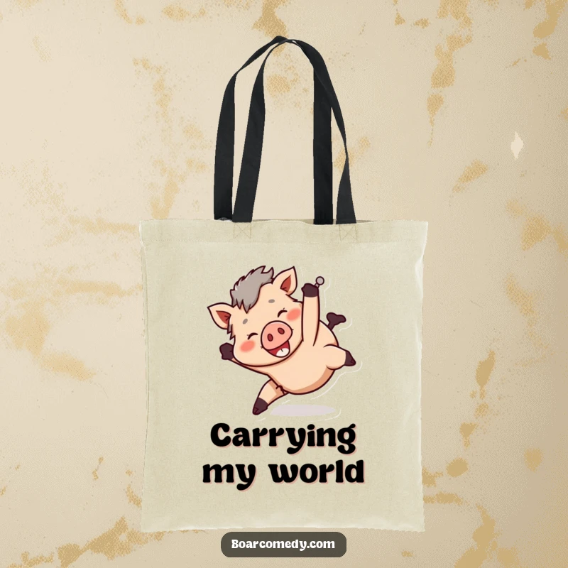 Funny smiling boar character tumbling head over heels in a playful manner, printed on a tote bag.